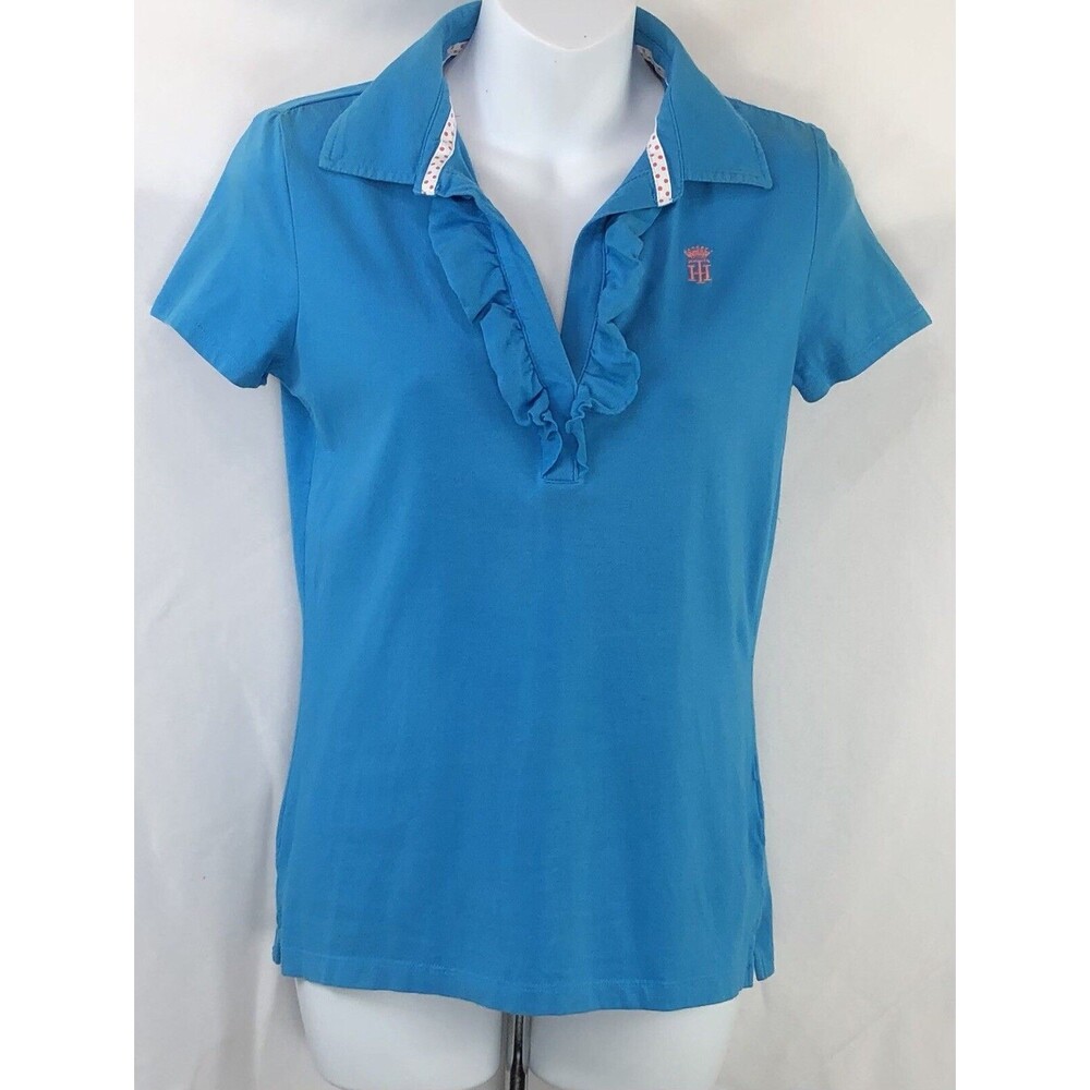 Vtg Tommy Hilfiger Polo Top XS Blue Ruffle V-Neck Short Sleeve Y2k 2000s Preppy